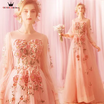 

Light Pink Evening Dresses A-line Long Sleeve 3D Flowers Appliques Formal Elegant 2020 New Party Prom Gowns Gowns JK53