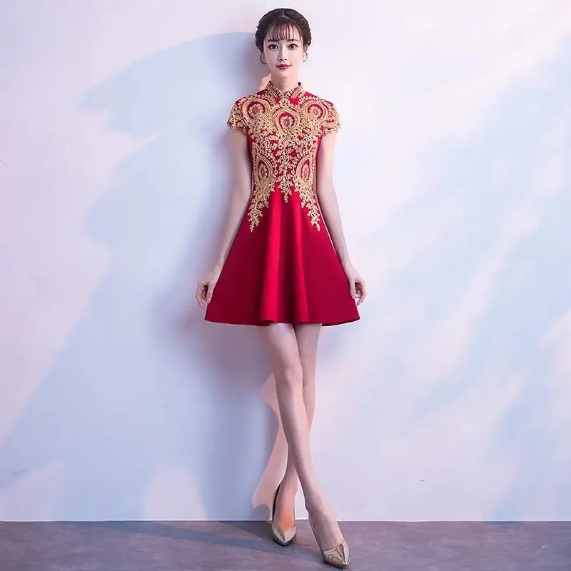 Женское вышитое с новогодней елкой, бумажный свадебное платье Qipao современное кружевное Сексуальное Тонкое Восточное вечернее платье из Китая - Цвет: Short wine red