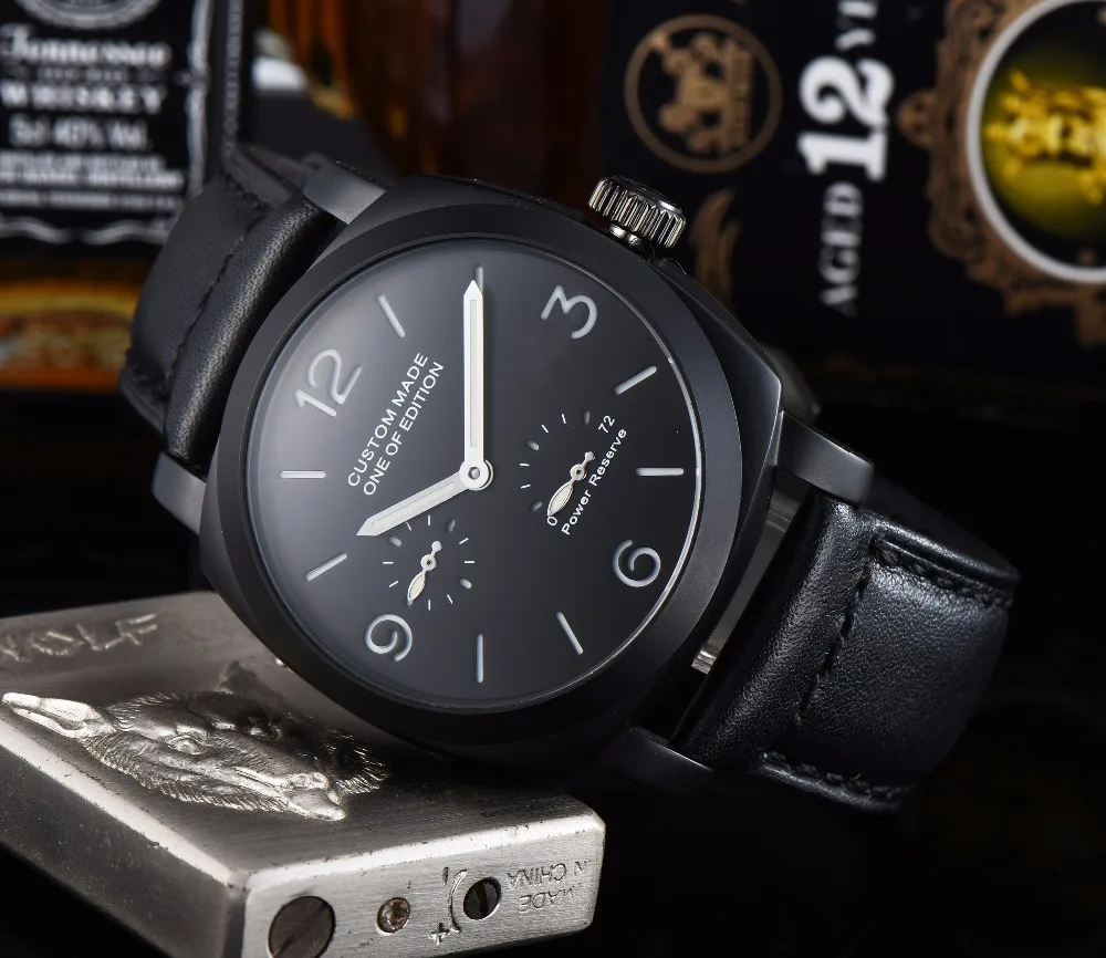 Мужские часы 44 мм с автоматическим перемещением, Мужские t PVD Черный чехол, крепкие 316L новые с кожаным ремешком, светящиеся стрелки 41-3