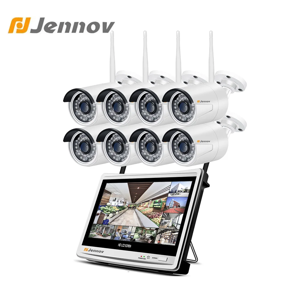 Jennov 8CH 2MP Wi-Fi видеонаблюдения Беспроводной 1080 P NVR ИК P2P 12 дюймов ЖК-дисплей монитор CCTV Системы камера системы безопасности HD Системы P2P