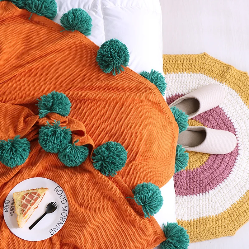 Хлопковый чехол для дивана, уютное вязаное одеяло для дивана, очень мягкое теплое одеяло с разноцветными помпонами
