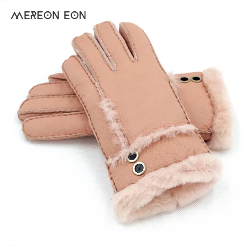 Real fur gloves for women Mittens sheepskin Solid Women Woolen Cashmere Winter Glove sheep Fur