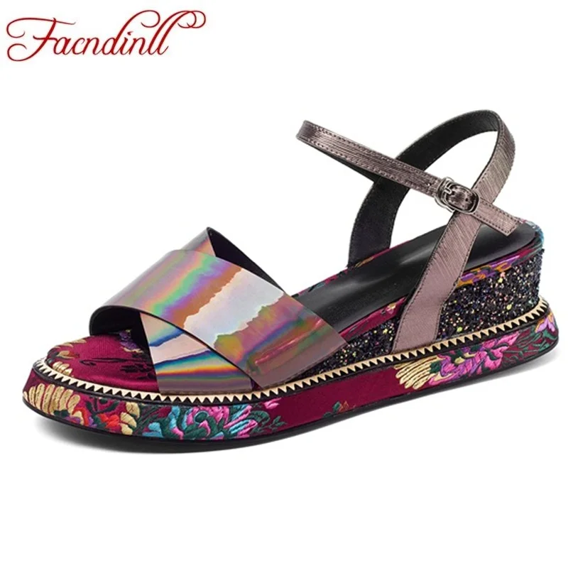 

FACNDINLL woman shoes platform wedges sandals 2018 fashion buckle sexy open toe shoes woman casual patchwork date dress sandals