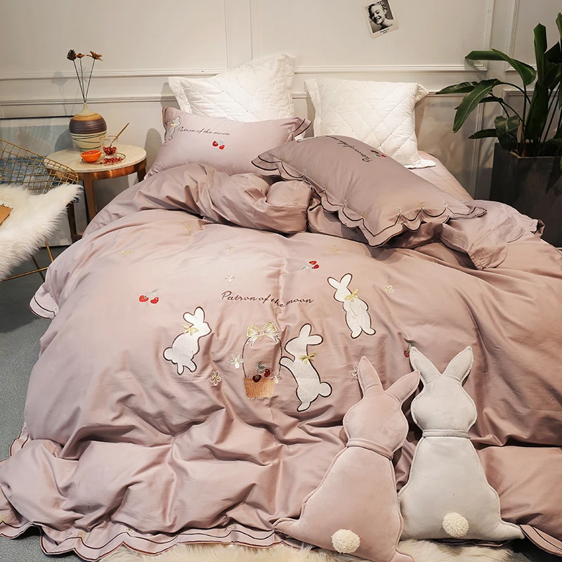 

New 60S Egyptian cotton White Rabbit Embroidery 4/5pcs Bedding Set Queen King Size Duvet Cover Bed sheet Bed Linen Pillowcases