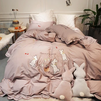 

New 60S Egyptian cotton White Rabbit Embroidery 4/5pcs Bedding Set Queen King Size Duvet Cover Bed sheet Bed Linen Pillowcases