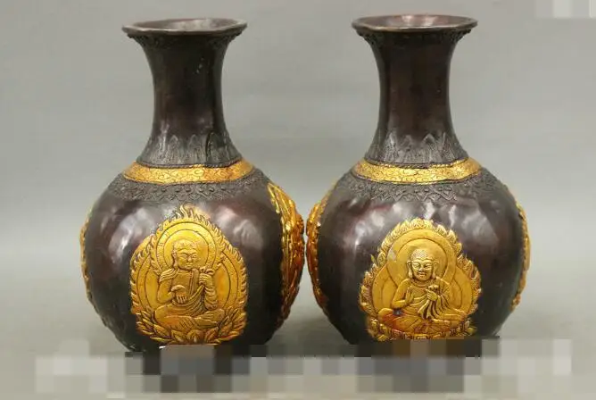 

S5016 9" Tibet Buddhist Bronze Gilt Protector Deity Buddha Statue Bottle Vase Pot Pair