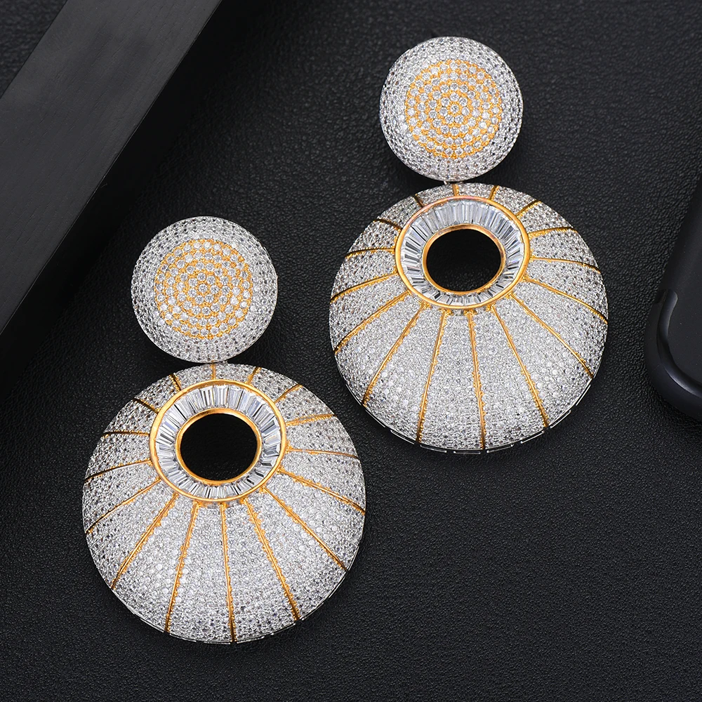 

GODKI 63mm Luxury 2 Tone Fireworks Lights Dangle Earrings For Women Wedding Zircon Crystal CZ Dubai Gold Bridal Earrings 2019