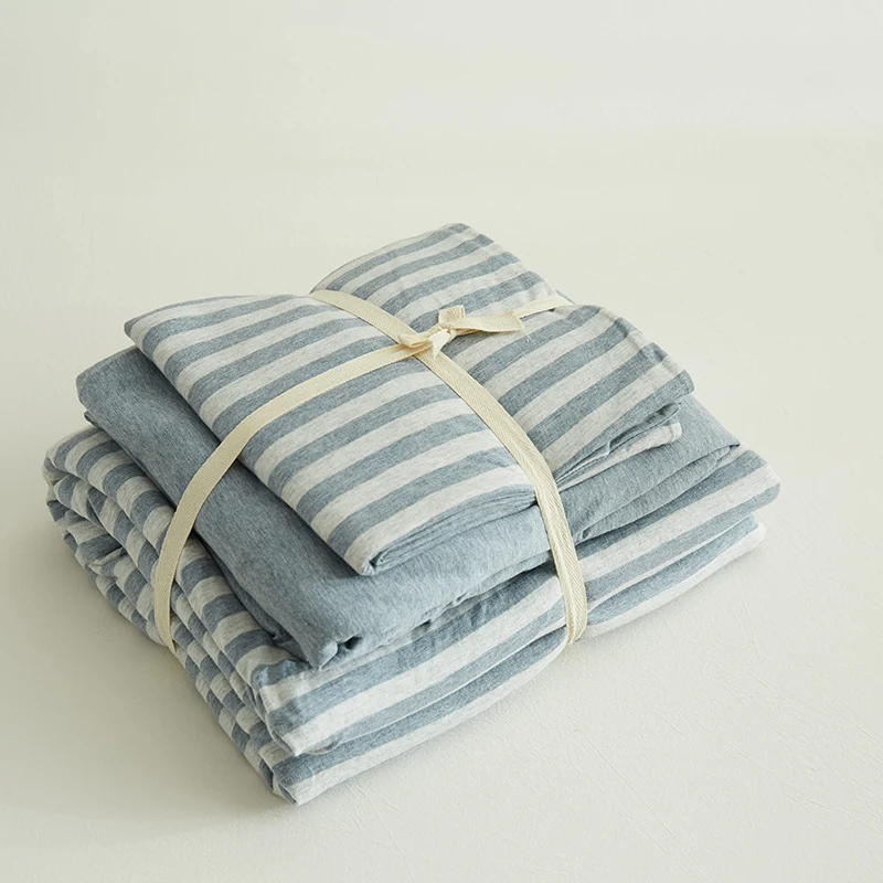 4pcs 100 Cotton Jersey Knitted bedding sets Vintage color blue stripe