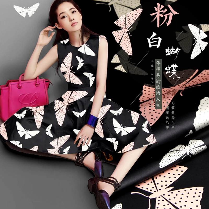 

(50 cm/lot) air brushing printed silk fabric for sewing elastic satin fabrics 19 mm heavy Mulberry stretch cloth butterflies DIY