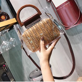 

AUAU-Women Clear Bags Summer Straw Crossbody Shoulder Bags Two Piece Women Transparent Bags Handbag Clutch Purse