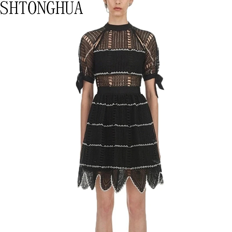 

2019Spring Self Portrait Mini bow tie Dress Women's Short Sleeve Hollow Out black white patchwork Elegant Ruffles knitting Dress