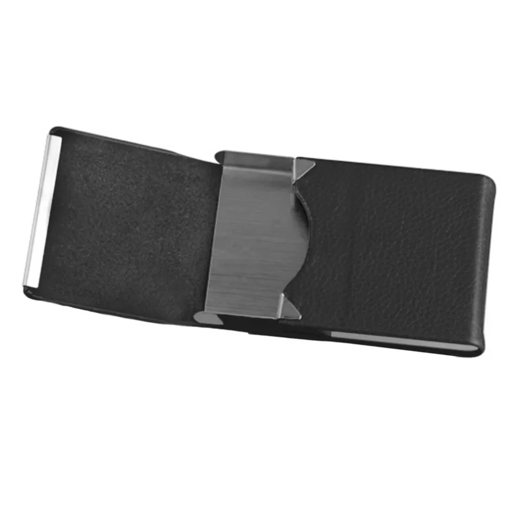 Черный портативный высококлассный Ультратонкий Роскошный чехол из искусственной кожи с карманом из нержавеющей стали для переноски визитных карточек