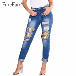 Forefair модный пэчворк нищий большие дырки синие джинсы плюс размер женские джинсовые брюки Винтажные эластичные прямые джинсы