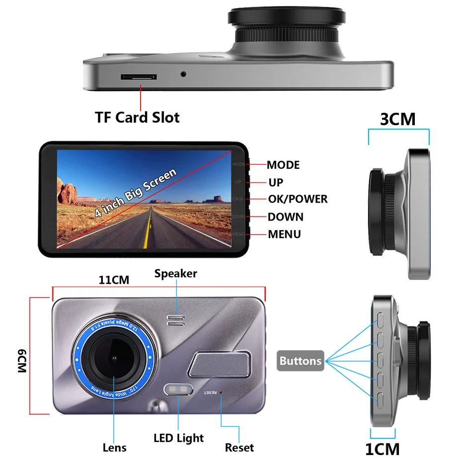 RDVR 4 &quotдвойной объектив Автомобильный видеорегистратор FHD 1080P приборная панель