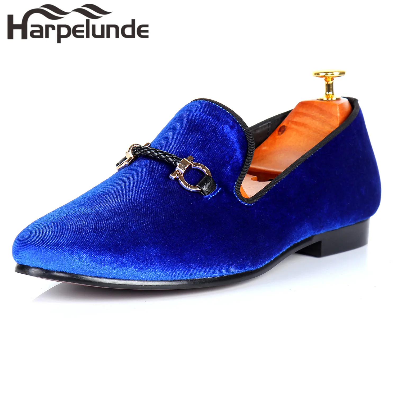 Harpelunde Men Buckle Strap Dress Shoes Blue Velvet Flat Loafers Size 6