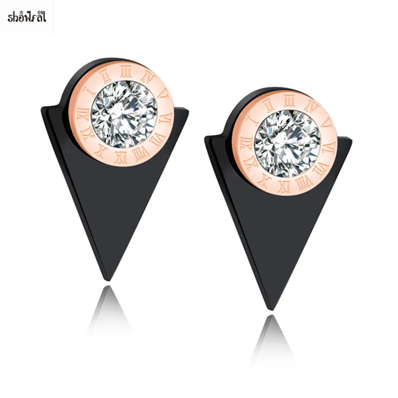 

Black Triangle Stud Earrings for Women Metal Geometric Roman Letters AAA Cubic Zirconia Wedding Earrings for Brides Crystal 2017