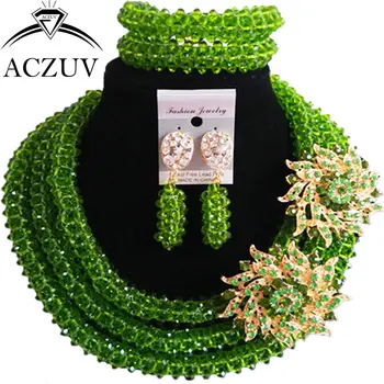 

ACZUV Olive Green Crystal Beaded Bridal Wedding Jewelry Sets for Women African Beads Nigerian Necklace B3R010