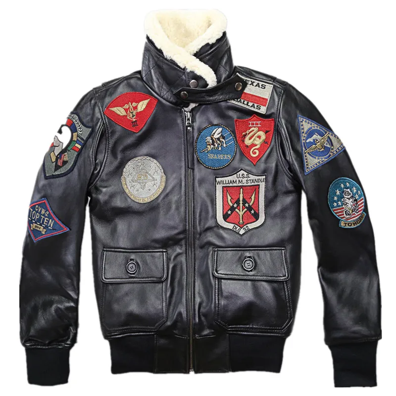 

2019 Lovers TOP GUN Genuine Leather Pilot Jacket Wool Collar Real Thin Sheepskin Leather Pilot Coat Plus Size 5XL Can Customized