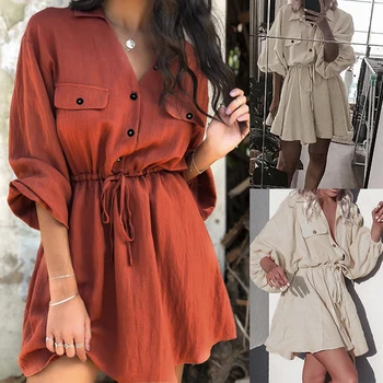 

NIBESSER 2019 Vintage Women Mini Shirt Dress Casual Lantern Sleeve Short dress Turndown Lace up Cotton linen Dresses Vestidos