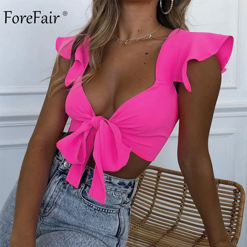 Forefair неоновый укороченный топ Лук рюшами кружево до уличная Chic укороченная майка клубвечерние 2019 Новые поступления летние топы женские