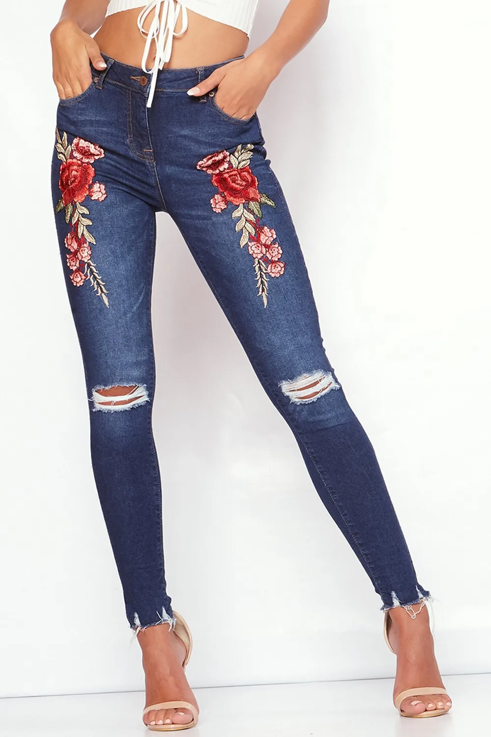 Buy Jeans Women Floral Embroidered Denim Ripped Pants