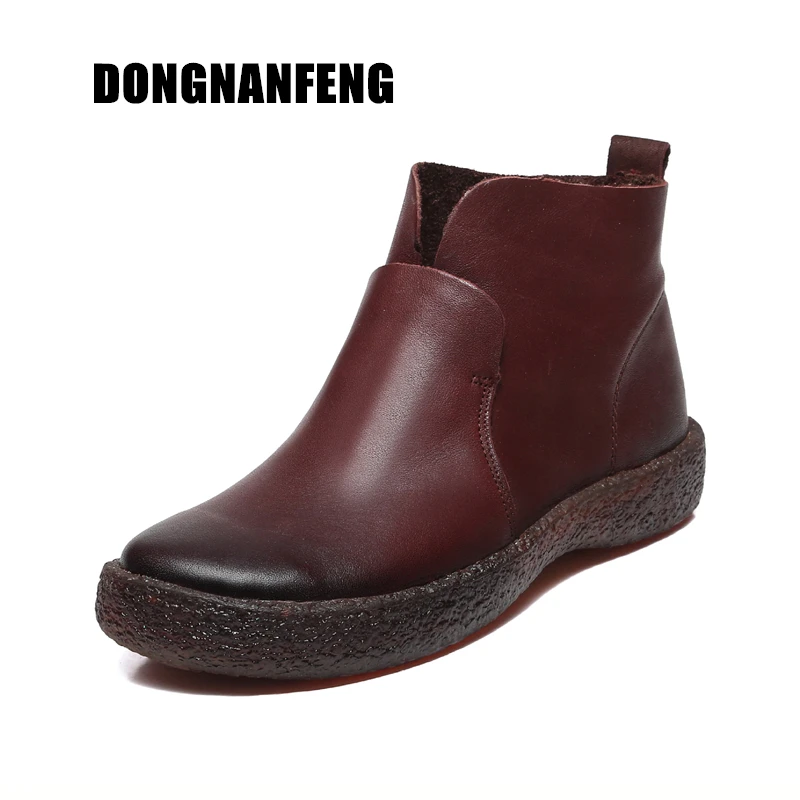 

DONGNANFENG Women Mother Old Female Ladies Shoes Flats Boots Cow Genuine Leather Pigskin Soft Ankle Autumn Retro 35-40 FR-51253
