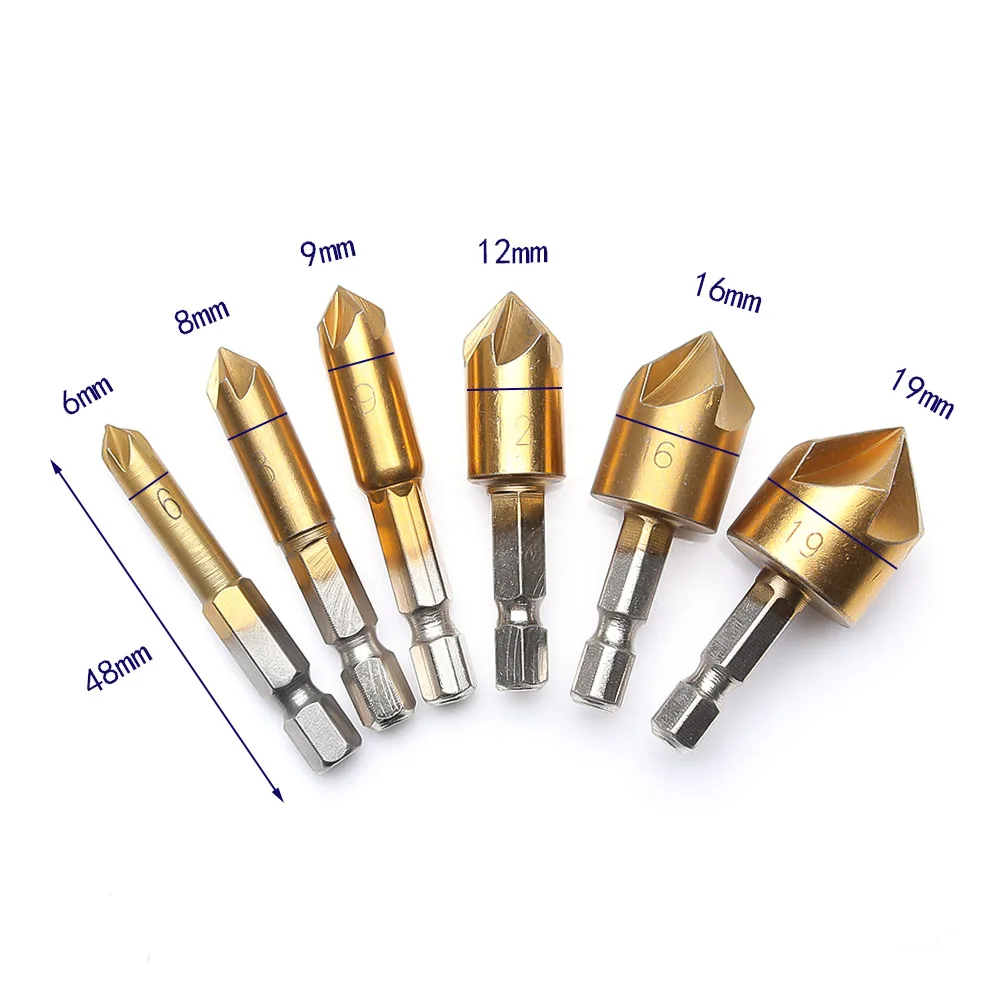 6pcs Chamfer Countersink 1/4" Hex Shank HSS 90 Degree Wood Chamfering