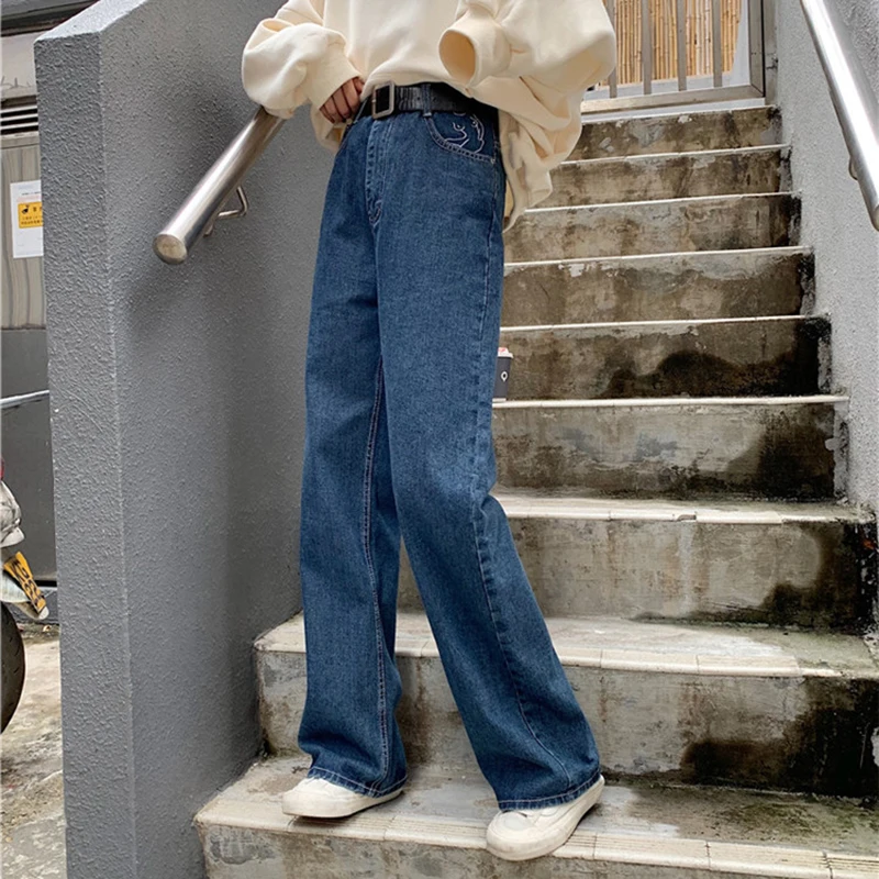 Джинсы женские корейский стиль одежда ретро шик Высокая талия Модные женские джинсовые брюки широкие на молнии универсальные повседневные девочки