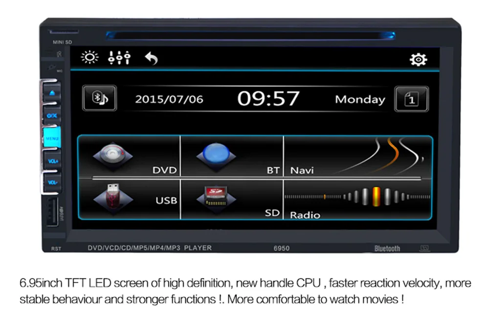 Hands Free Call 6.9 inches Car DVD Player In-dash Stereo Video Microphone Bluetooth V3.0 Auto Radio Double Din 32GB Dual Cameras