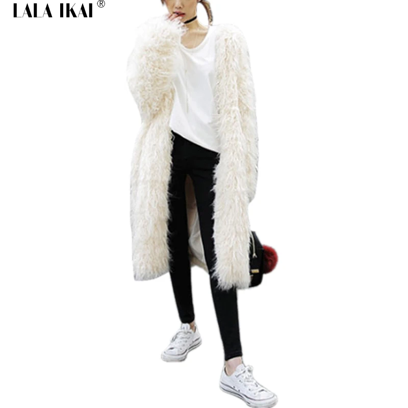 Women Winter Elegant White Faux Fur Coat 2016 New Long Sleeve Faux Fur
