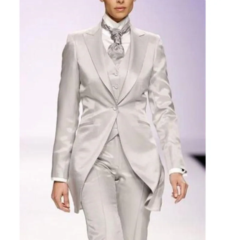 US $105.00 Silver Gray Elegant Women Suit Tailor Made 3 Piece Long Jacket Tailcoats Ladies Event StageTuxedo