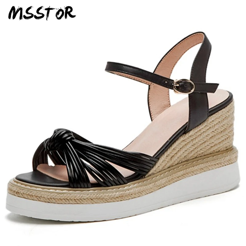 

MSSTOR Straw Blahnik Sandals Women Peep Toe Pink Black Genuine Leather Casual Summer Wedge Sandals Fashion Buckle Platform Shoes
