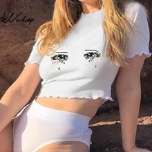 Weekeep Женская белая футболка с коротким рукавом, обрезанная трикотажная футболка с вышивкой и круглым вырезом, Летняя Сексуальная облегающая укороченная футболка