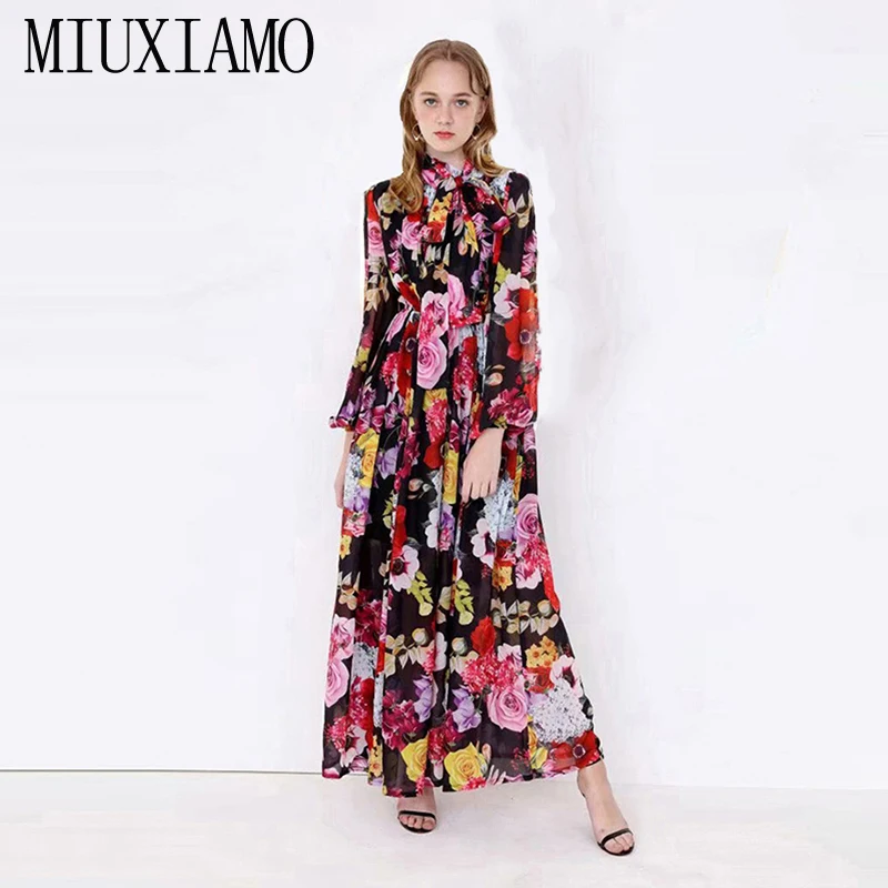 

MIUXIMAO Custom Plus Size Maxi Dress 2019 Spring&Summer New Arrival Fashion Flower Print Elegant Floor-Length Long Dress Women