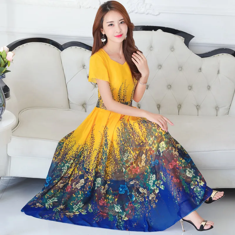 

Plus Size 4XL Chiffon Dress Women Middle-Aged Short Sleeve Summer Bohemian Dress Printing Maxi Long Beach Dress Vestidos C4302