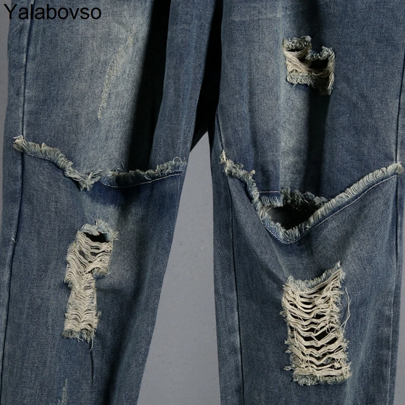 Джинсовые штаны-шаровары с эластичным поясом, умягчитель джинсовой ткани, винтажные Выбеленные штаны с дырками, джинсы длиной до щиколотки для женщин A0DZ3