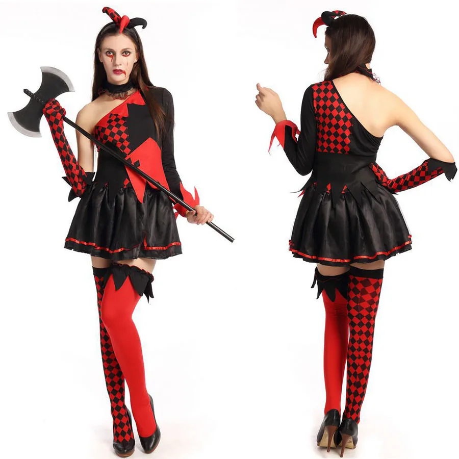 

Harley Quinn Costume for Women Adult Halloween Carnival Cosplay Joker Clown Costume Dress Stocking Fancy Dress Party 2017 New