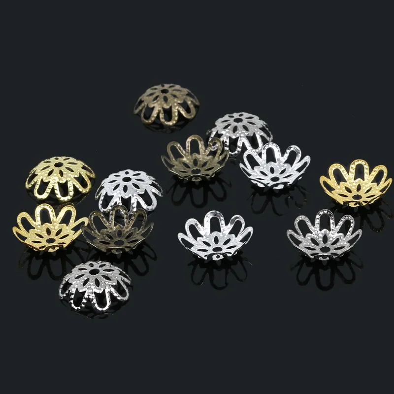 

Hot sale 200pcs/lot High Quality DIY 3colors Plated Hollow Flower Metal Charms Bead Caps for Jewelry Making 14mm
