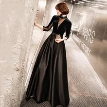 Новое высококлассное вечернее платье невесты Винтаж черный Длинные рукава велюр с атласной класса люкс для выпускного вечера вечерние платье LYFY123