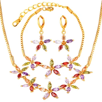 

Kpop New Zirconia Jewelry Sets Necklace Earrings Bracelet Gold Color Floral Tourmaline Fashion Jewelry For Women S225