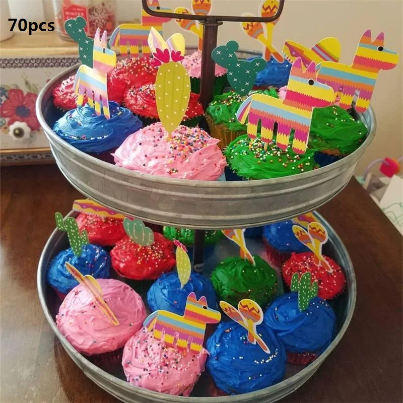 

70 Pcs Mexican Custom Pattern Cupcake Toppers Cake Toppers Maraca Sombrero Cactus Party Cake Picks Decor Set