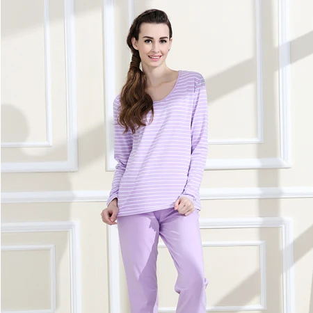 Qianxiu пижамы хлопка классические полосы о-образным шею женщины салон одежда осень зима сексуальная рукавами брюки хлопок пижама - Цвет: Purple