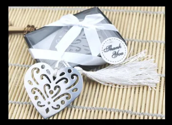 

lastest fashion new silver metal bookmarks bookmark carved heart shape fringe silk tassel box for Wedding Party Gift