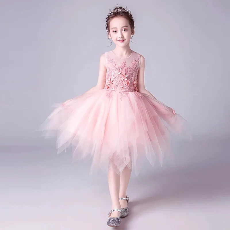 

Kids Baby Elegant Pink Color Appliques Flowers Birthday Wedding Party Princess Lace Dress Sweet Cute Children Host Tutu Dress