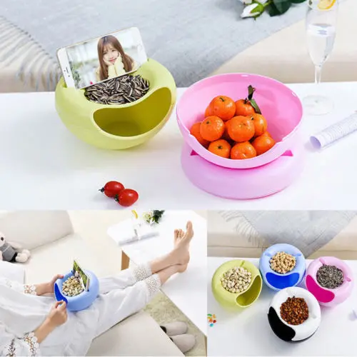 

2 in 1 Layer Snack Fruit Plate Bowl Dish With Phone Holder For Home Lazy Tools