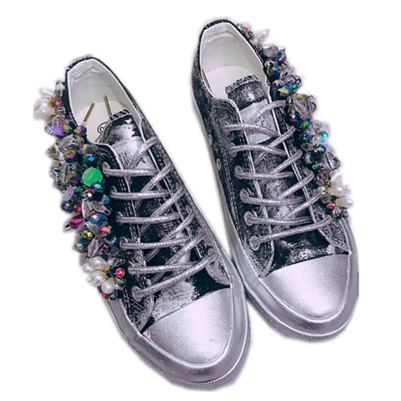 

European station spring new fashion wild rhinestone beaded old retro canvas casual women's shoes flat round head