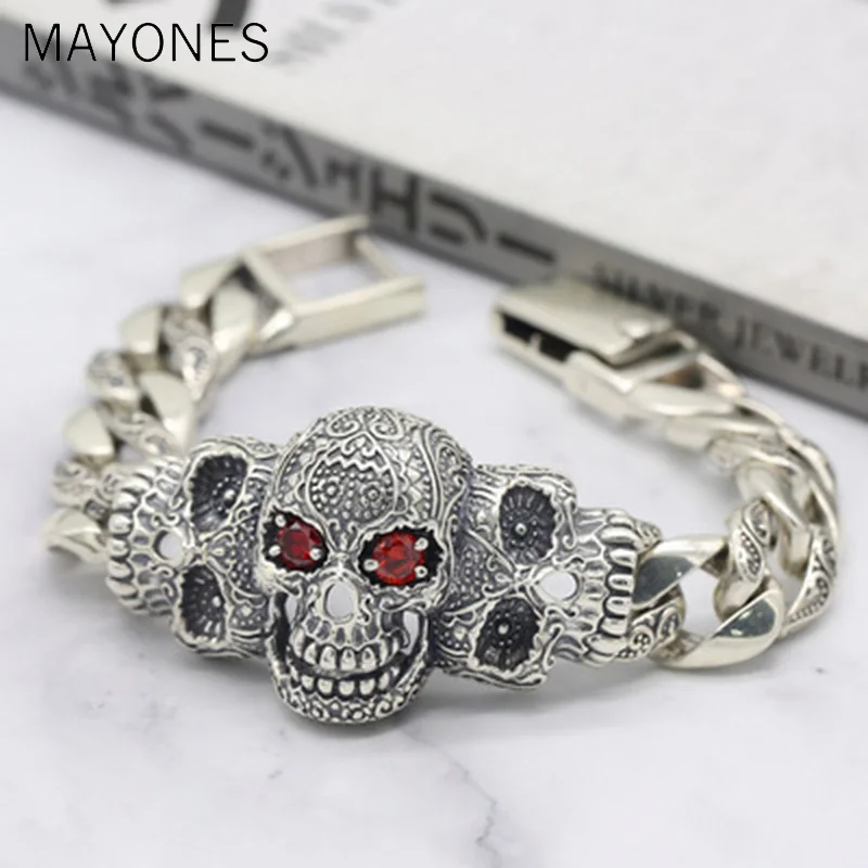Men Bracelet Real 925 Sterling Silver Jewelry Women Inlaid Natural Stone Punk Rock Skull Charm Chain Bangle Gifts | Украшения и