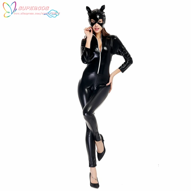 Newest Alluring Sexy Hot Catwoman Leather Jumpsuit Bodysuit Cosplay DS