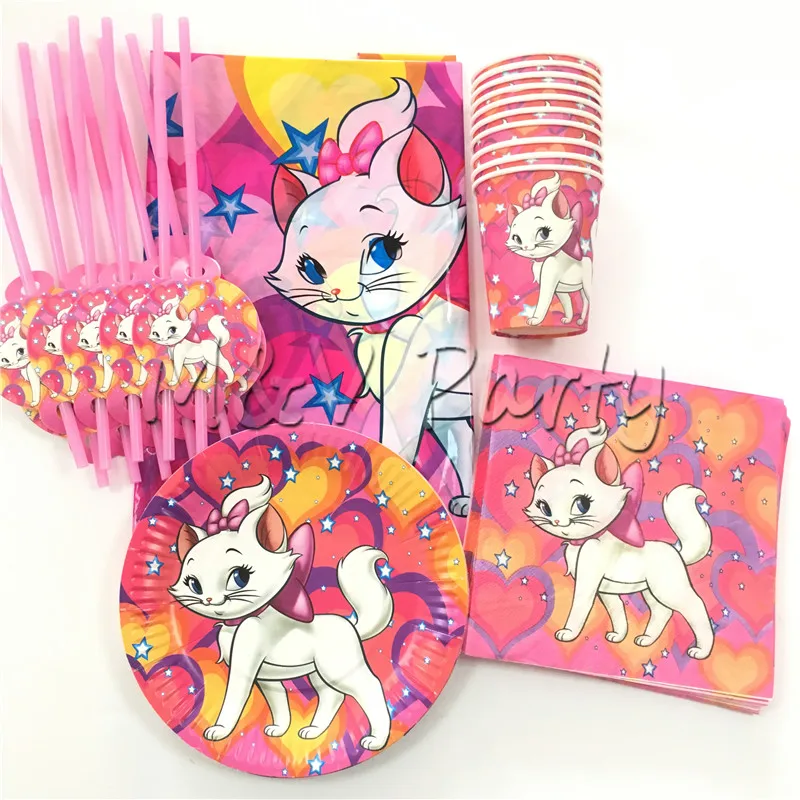 

51pcs/lot Cartoon Marie Cat Theme Party Disposable Tableware Set Paper Cup Plates Straw Set Birthday Party Decoration Supplies