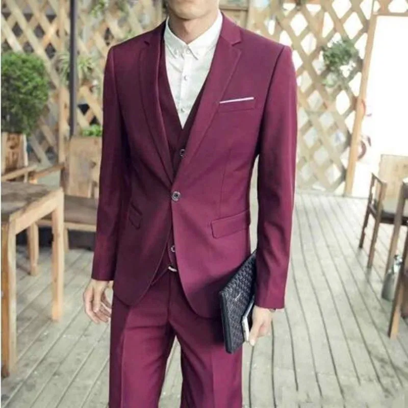

Custom Made Wine Red 3 Piece Wedding Groom Tuxedos Groomsman Best Man Party Prom New Suits Groom Tuxedos(Jacket+Pants+Vest) G510